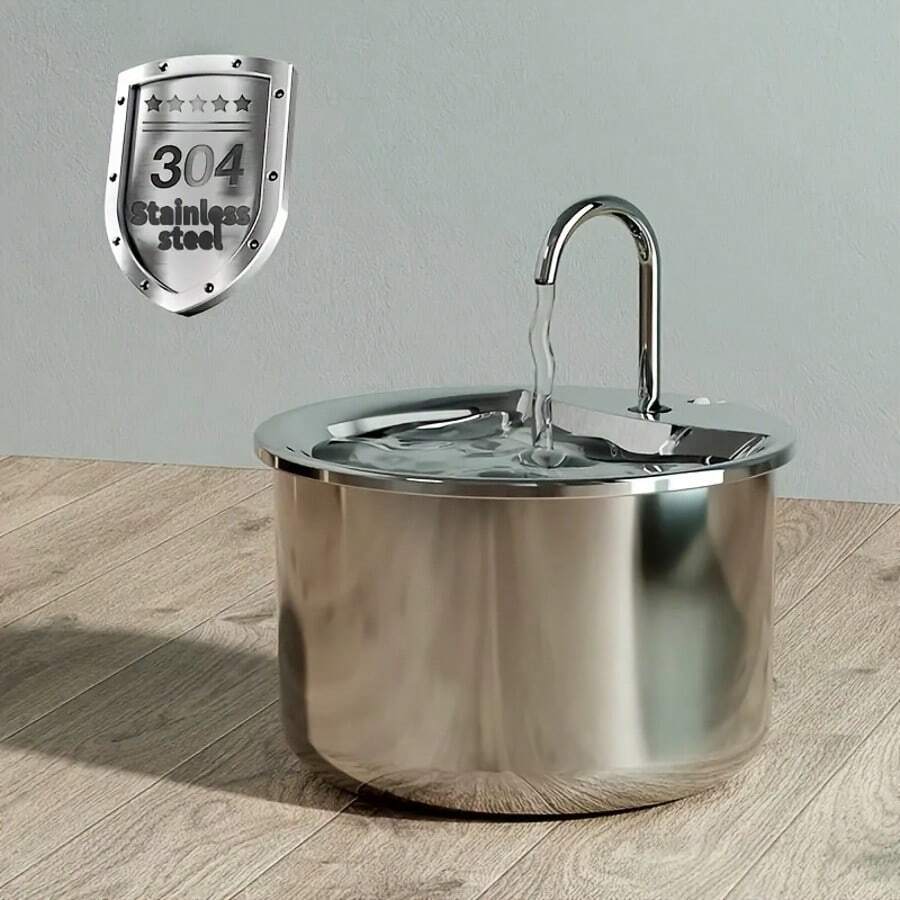 Stainless steel automatic pet water dispenser with USB power cord and splash-proof tray for indoor cats and dogs.