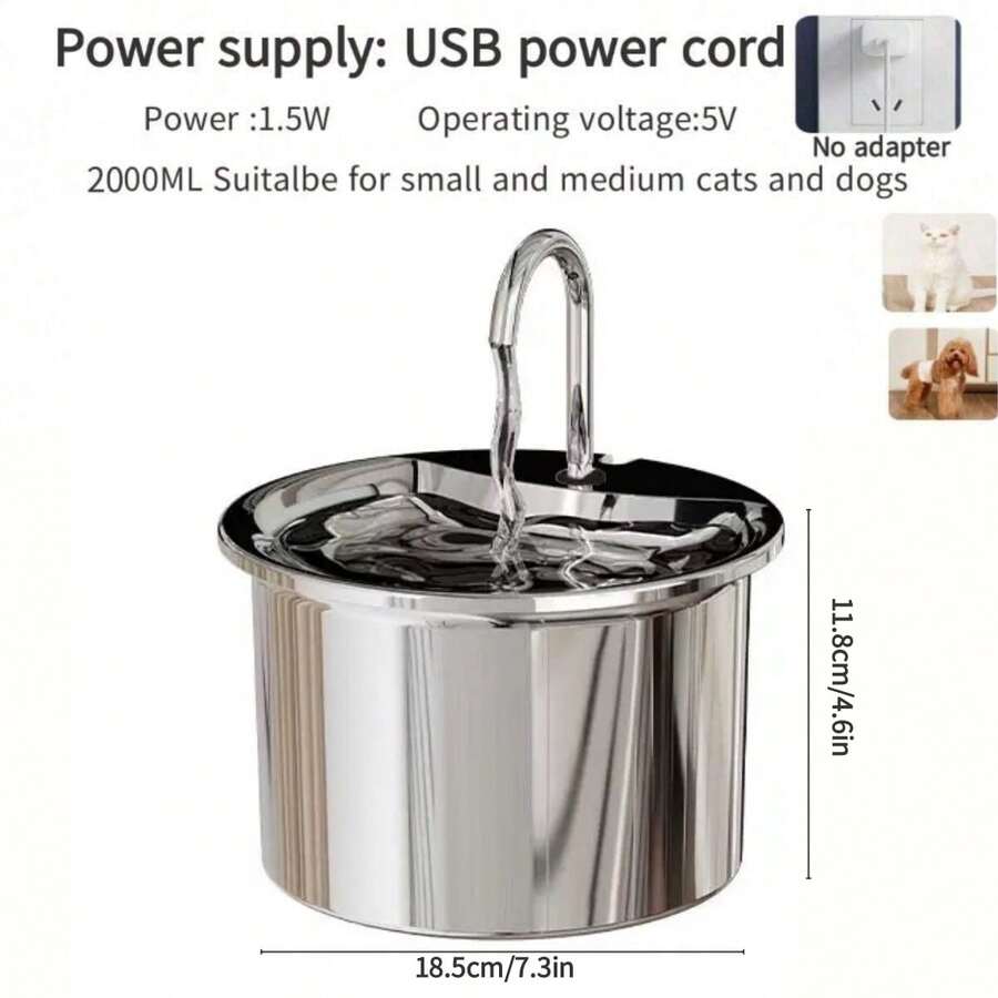 Stainless steel automatic pet water dispenser with USB power cord and splash-proof tray for indoor cats and dogs.