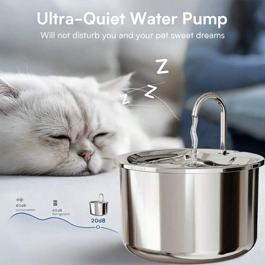 Stainless steel automatic pet water dispenser with USB power cord and splash-proof tray for indoor cats and dogs.