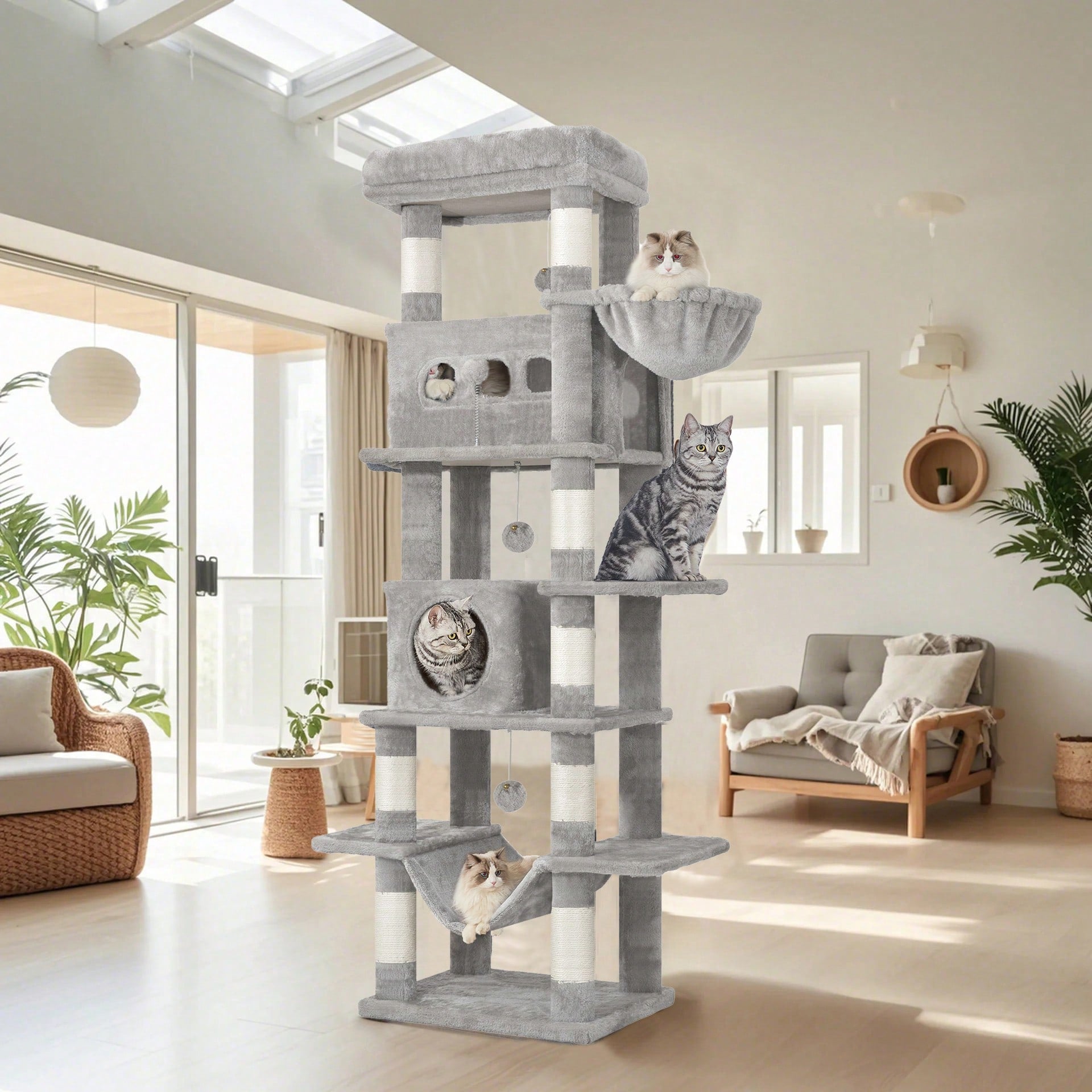 Light grey 67-inch multi-level cat tree featuring two condo caves, plush top perch, hammock, 8 natural sisal scratching posts, and hanging pom-pom toys for indoor cats.