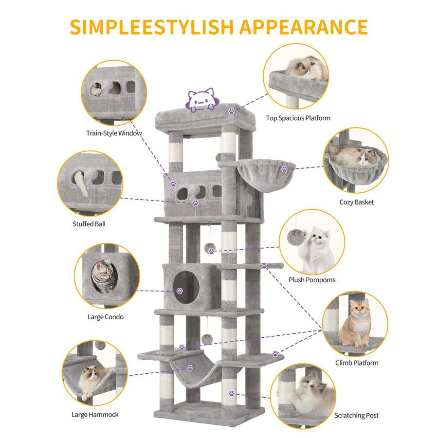Light grey 67-inch multi-level cat tree featuring two condo caves, plush top perch, hammock, 8 natural sisal scratching posts, and hanging pom-pom toys for indoor cats.