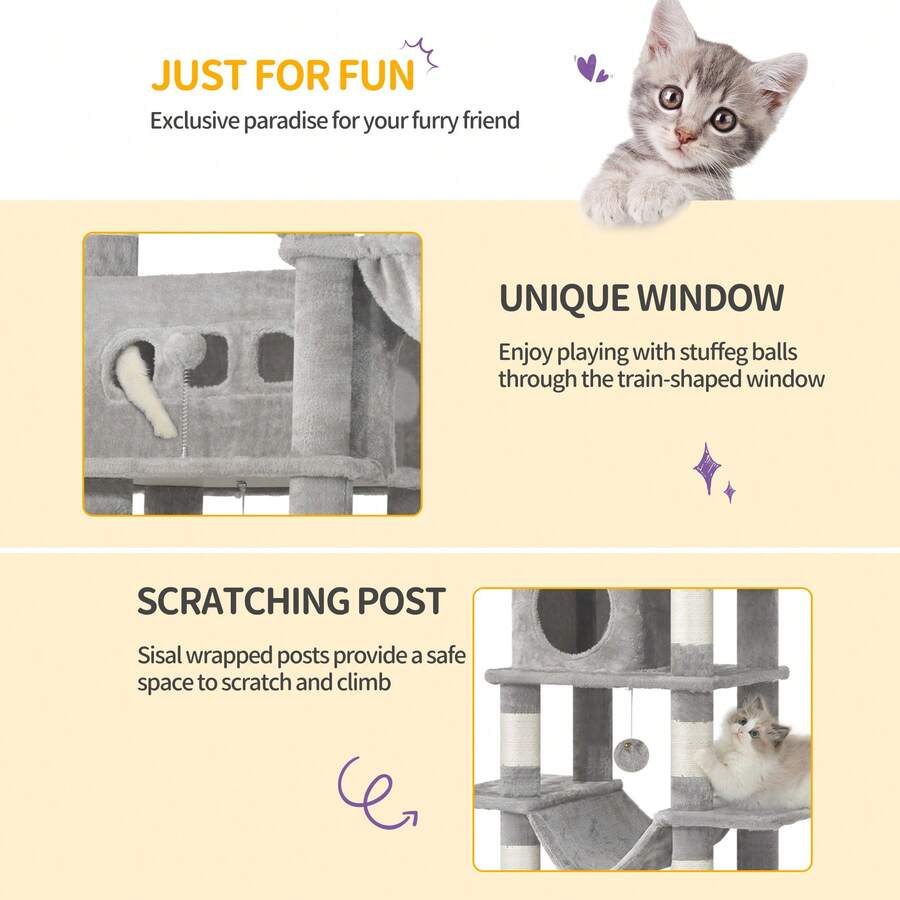 Light grey 67-inch multi-level cat tree featuring two condo caves, plush top perch, hammock, 8 natural sisal scratching posts, and hanging pom-pom toys for indoor cats.