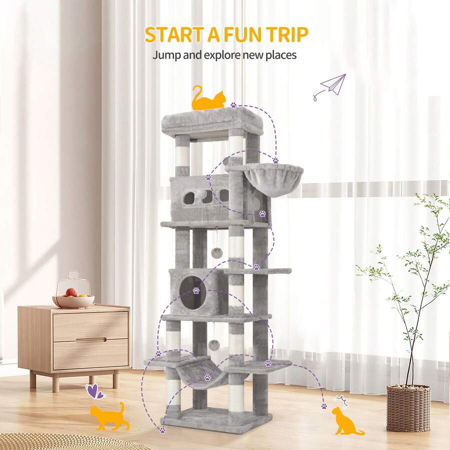 Light grey 67-inch multi-level cat tree featuring two condo caves, plush top perch, hammock, 8 natural sisal scratching posts, and hanging pom-pom toys for indoor cats.
