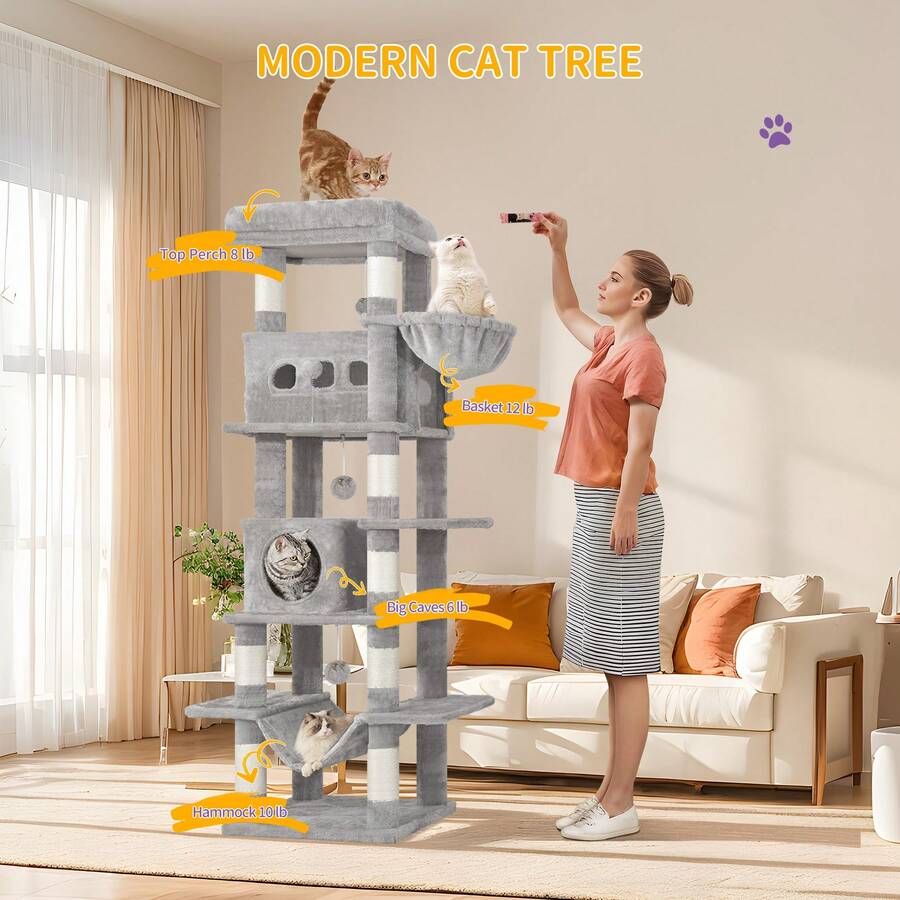 Light grey 67-inch multi-level cat tree featuring two condo caves, plush top perch, hammock, 8 natural sisal scratching posts, and hanging pom-pom toys for indoor cats.