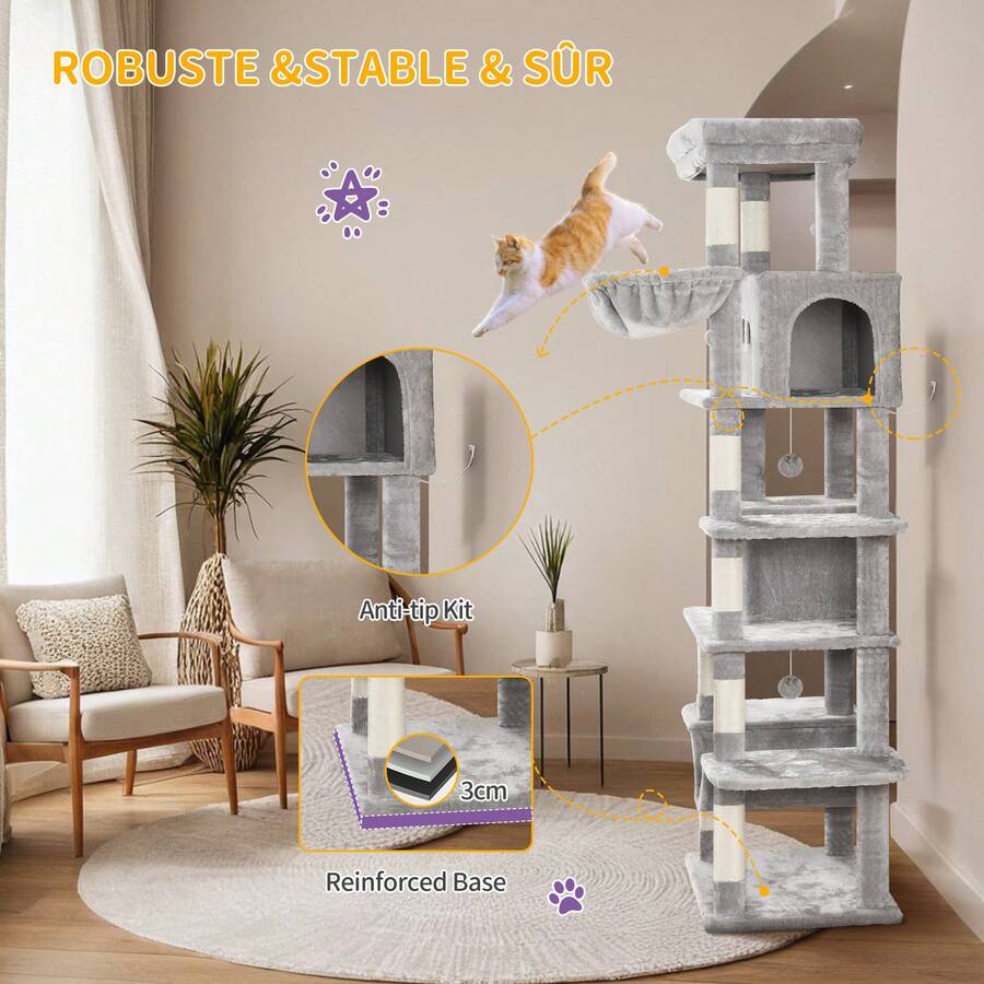 Light grey 67-inch multi-level cat tree featuring two condo caves, plush top perch, hammock, 8 natural sisal scratching posts, and hanging pom-pom toys for indoor cats.