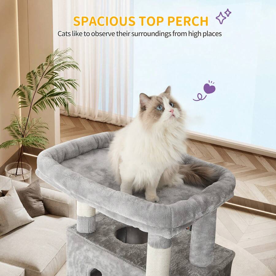 Light grey 67-inch multi-level cat tree featuring two condo caves, plush top perch, hammock, 8 natural sisal scratching posts, and hanging pom-pom toys for indoor cats.
