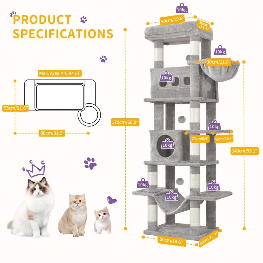 Light grey 67-inch multi-level cat tree featuring two condo caves, plush top perch, hammock, 8 natural sisal scratching posts, and hanging pom-pom toys for indoor cats.