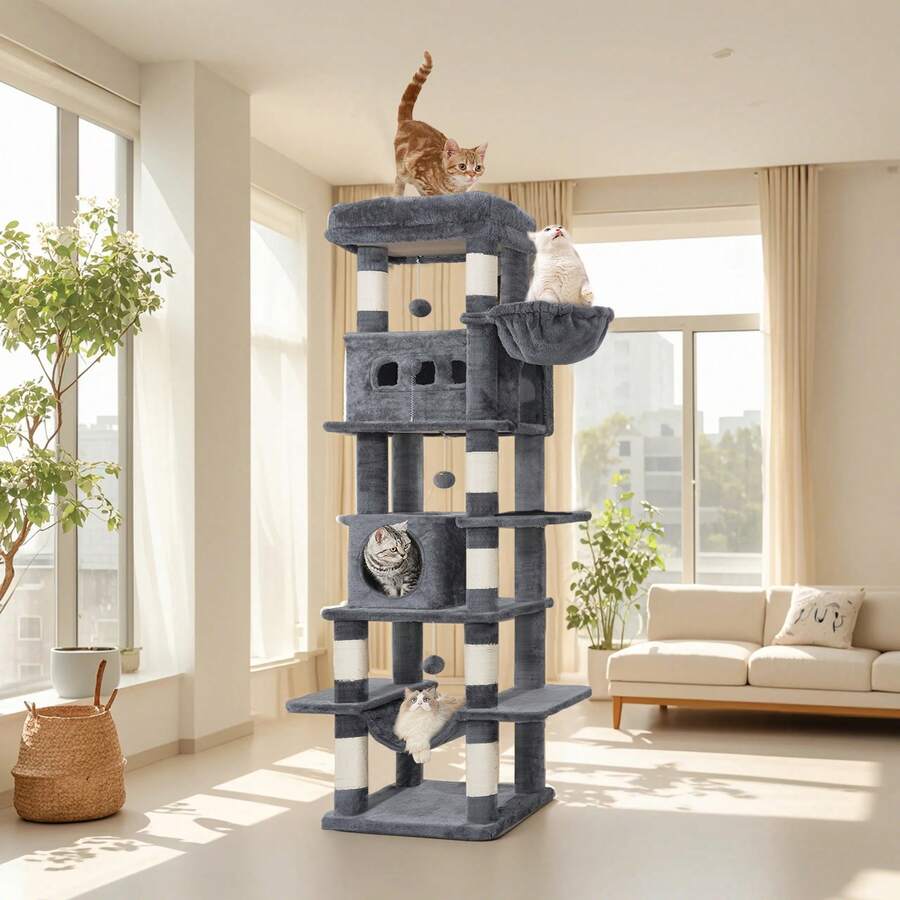 Light grey 67-inch multi-level cat tree featuring two condo caves, plush top perch, hammock, 8 natural sisal scratching posts, and hanging pom-pom toys for indoor cats.