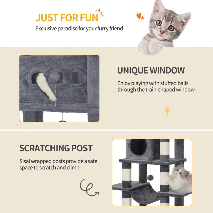Light grey 67-inch multi-level cat tree featuring two condo caves, plush top perch, hammock, 8 natural sisal scratching posts, and hanging pom-pom toys for indoor cats.