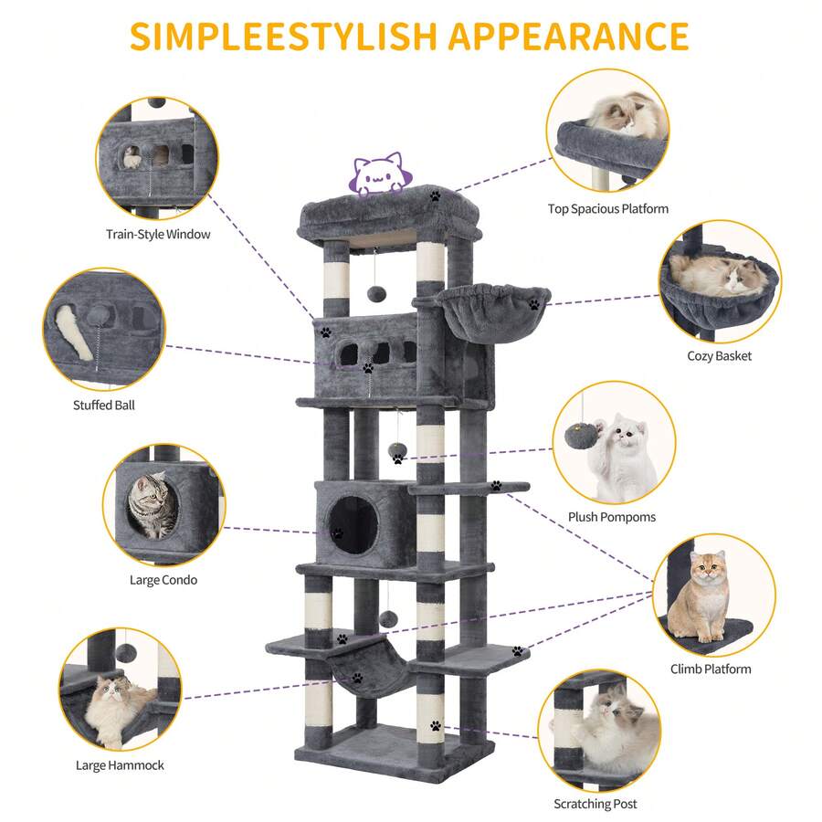 Light grey 67-inch multi-level cat tree featuring two condo caves, plush top perch, hammock, 8 natural sisal scratching posts, and hanging pom-pom toys for indoor cats.