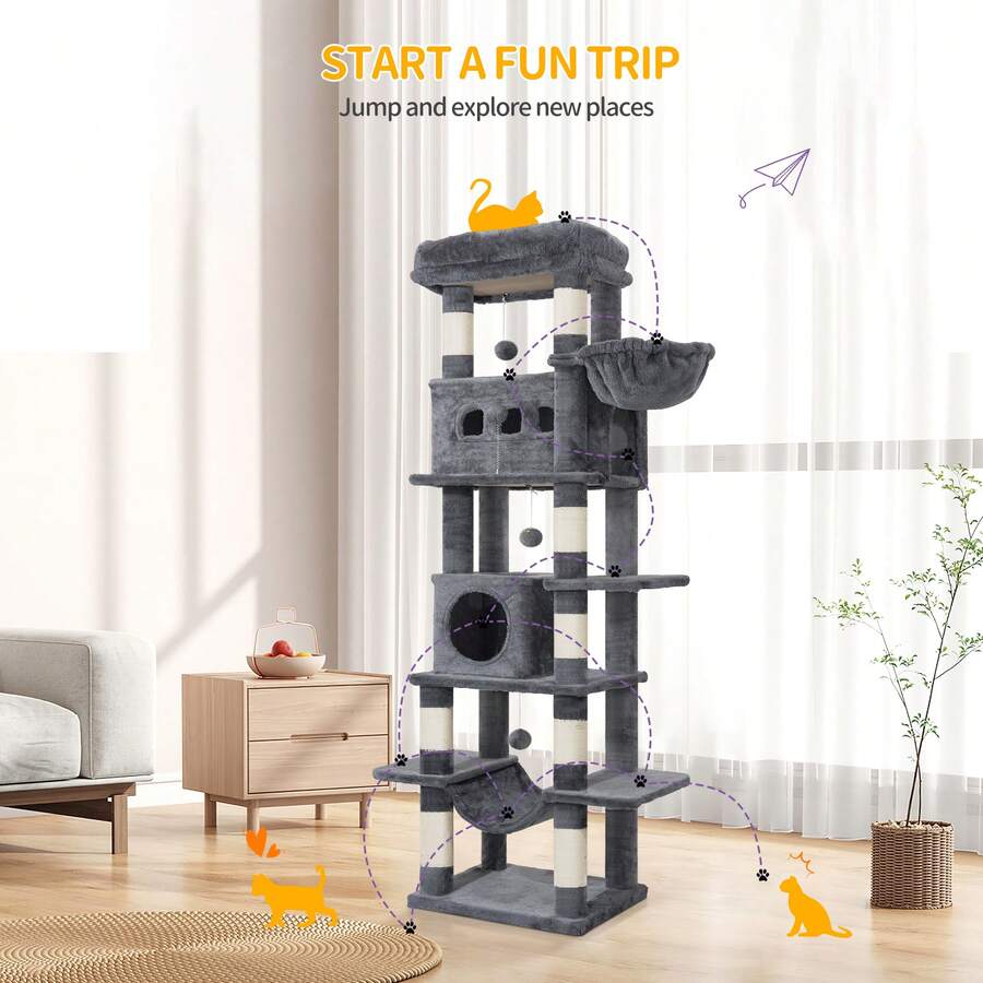 Light grey 67-inch multi-level cat tree featuring two condo caves, plush top perch, hammock, 8 natural sisal scratching posts, and hanging pom-pom toys for indoor cats.