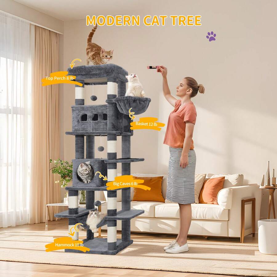 Light grey 67-inch multi-level cat tree featuring two condo caves, plush top perch, hammock, 8 natural sisal scratching posts, and hanging pom-pom toys for indoor cats.