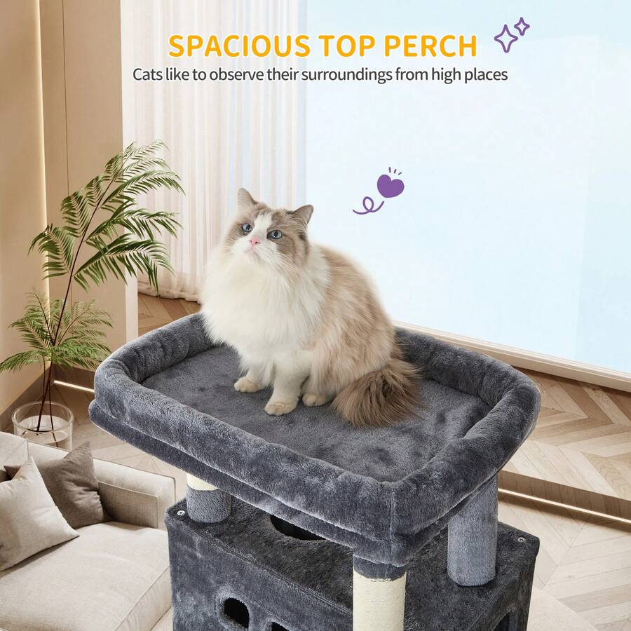 Light grey 67-inch multi-level cat tree featuring two condo caves, plush top perch, hammock, 8 natural sisal scratching posts, and hanging pom-pom toys for indoor cats.