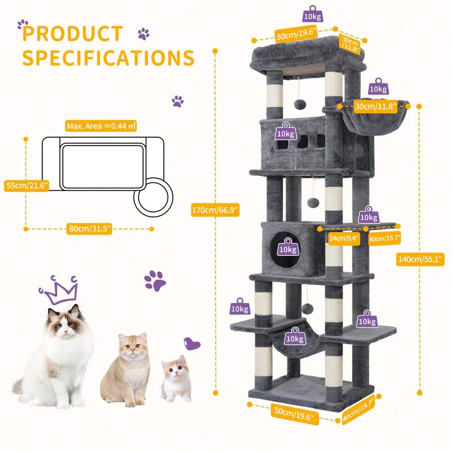 Light grey 67-inch multi-level cat tree featuring two condo caves, plush top perch, hammock, 8 natural sisal scratching posts, and hanging pom-pom toys for indoor cats.