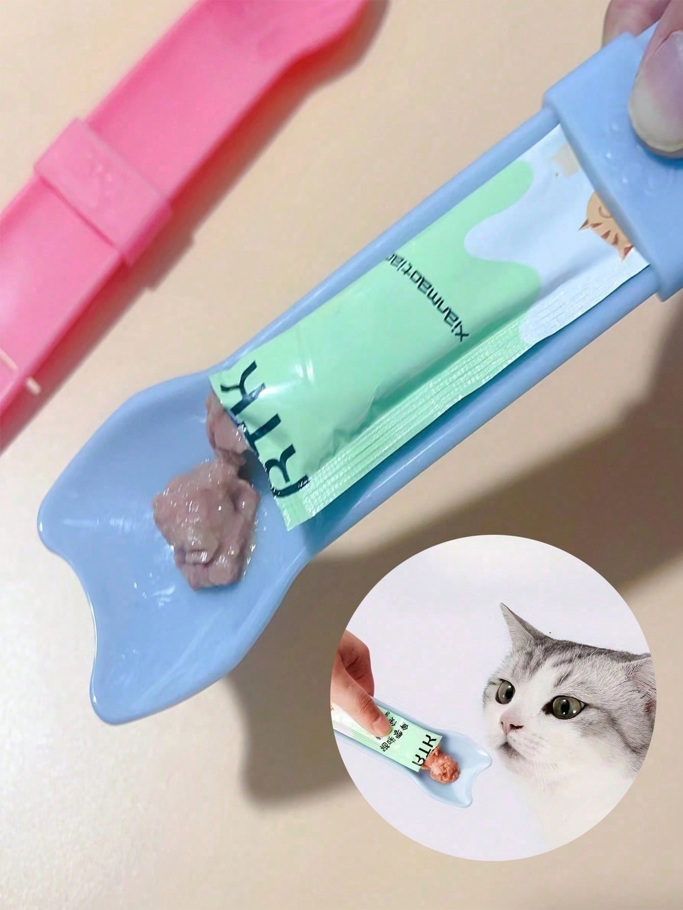 Multicolor cat squeeze tube feeder tool designed for dispensing liquid snacks and licking wet treats to cats.