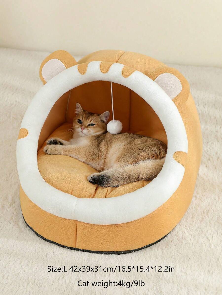 Grey soft cat bed house featuring a cartoon design made from breathable polyester material for pet sleeping