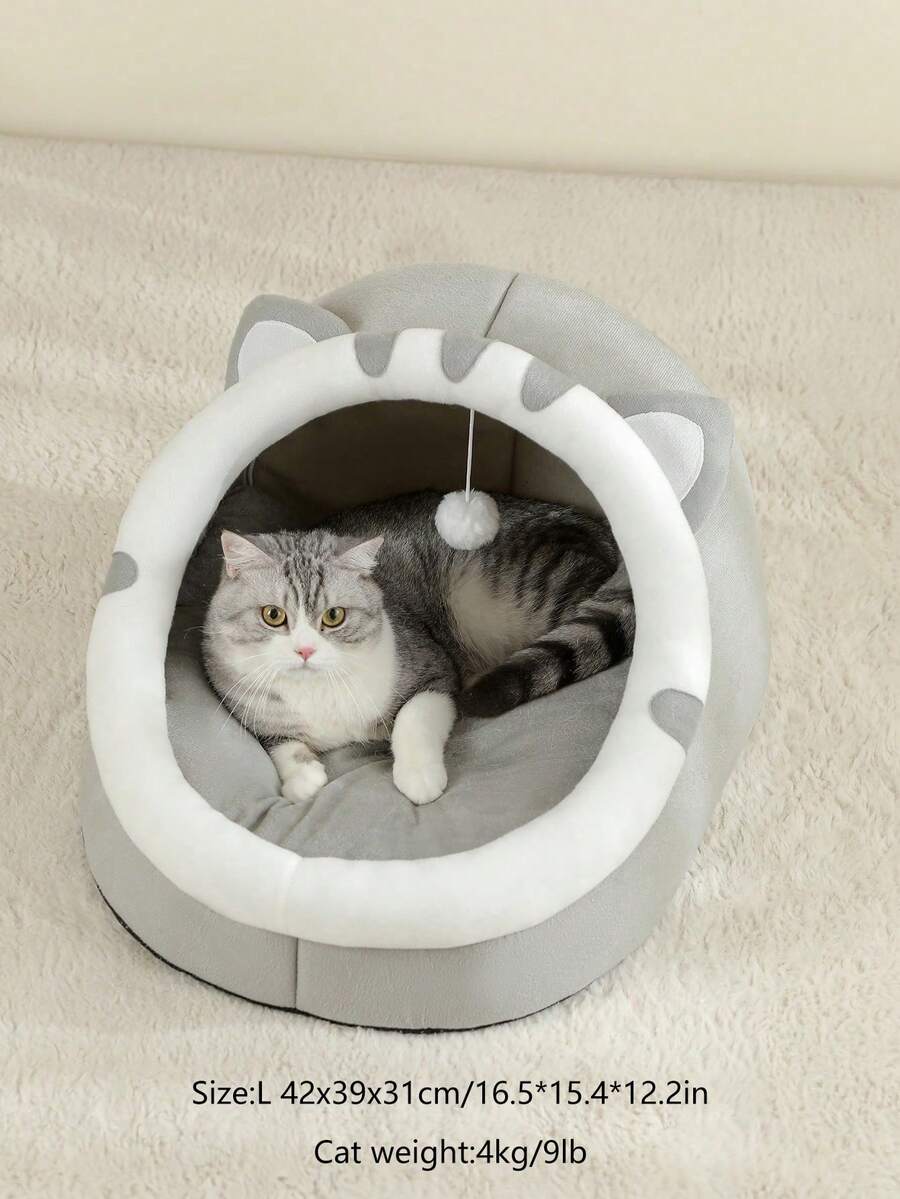 Grey soft cat bed house featuring a cartoon design made from breathable polyester material for pet sleeping