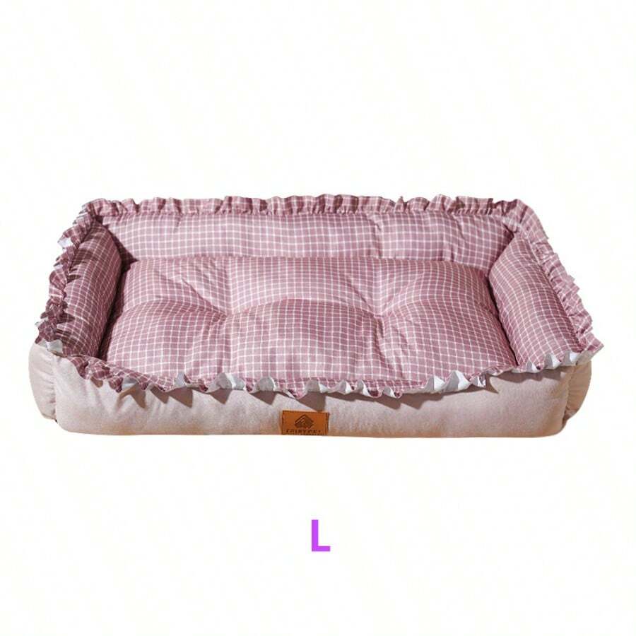 Multicolor plaid pet bed for small dogs and cats featuring a soft rolled edge design and polyester filling.