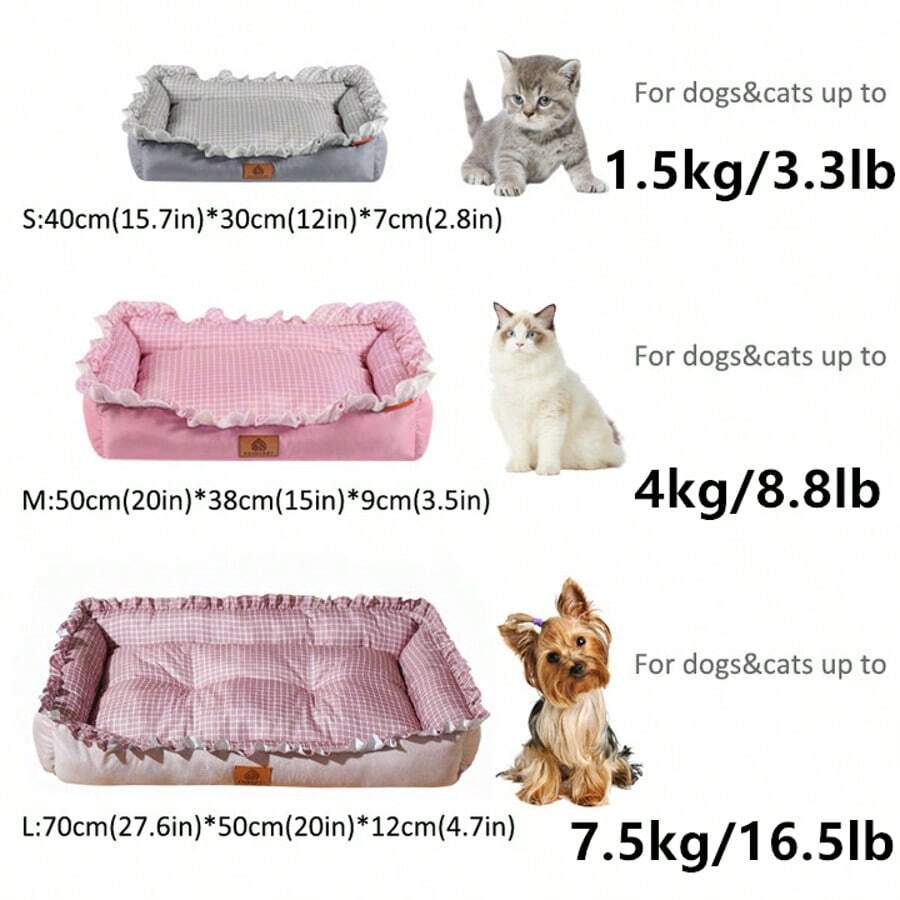 Multicolor plaid pet bed for small dogs and cats featuring a soft rolled edge design and polyester filling.