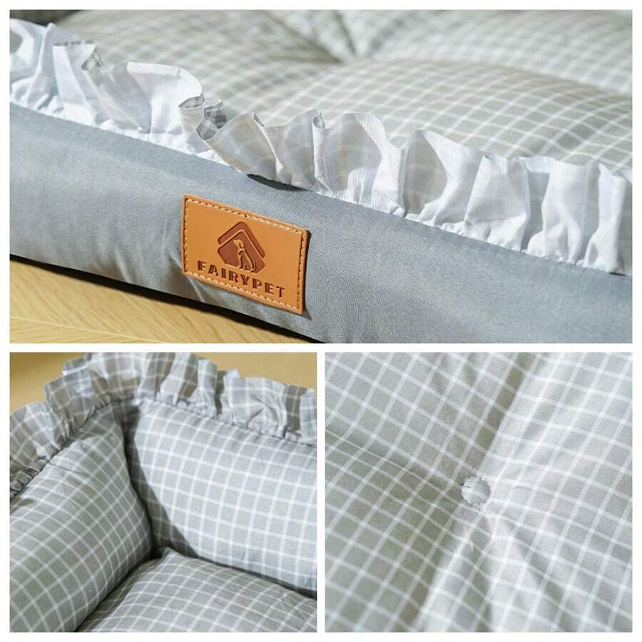 Multicolor plaid pet bed for small dogs and cats featuring a soft rolled edge design and polyester filling.