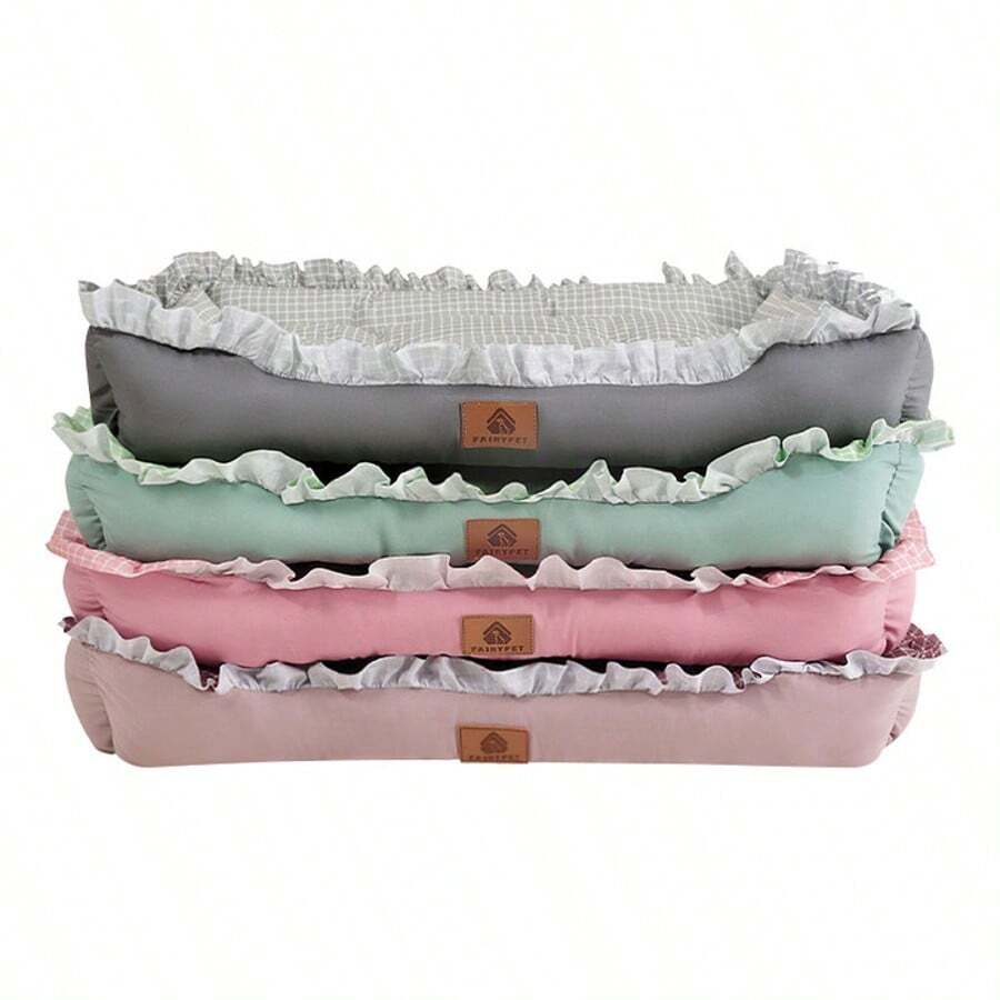 Multicolor plaid pet bed for small dogs and cats featuring a soft rolled edge design and polyester filling.