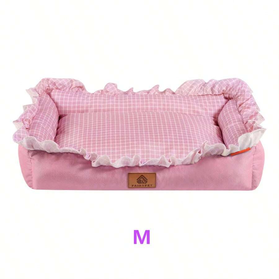 Multicolor plaid pet bed for small dogs and cats featuring a soft rolled edge design and polyester filling.