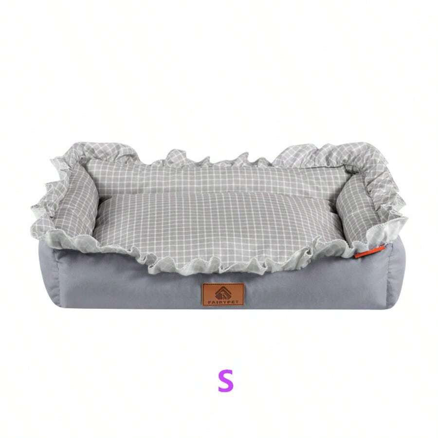 Multicolor plaid pet bed for small dogs and cats featuring a soft rolled edge design and polyester filling.