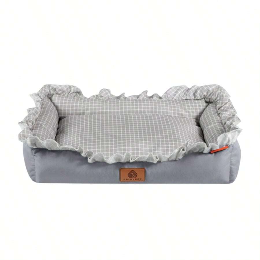 Multicolor plaid pet bed for small dogs and cats featuring a soft rolled edge design and polyester filling.
