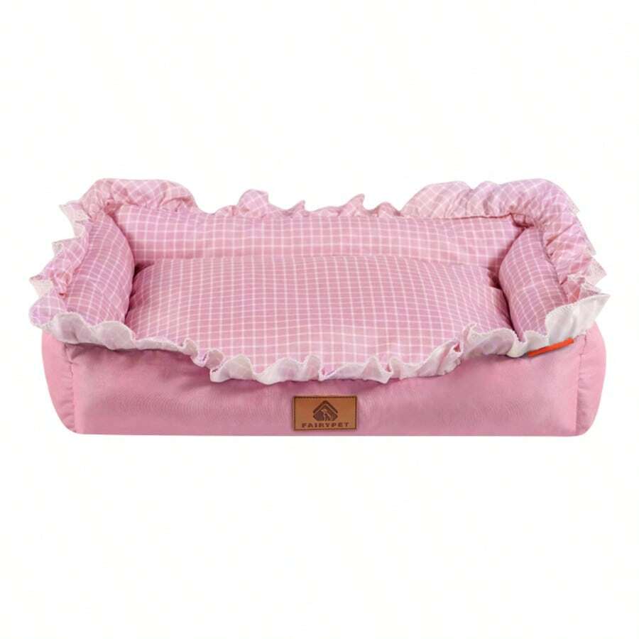 Multicolor plaid pet bed for small dogs and cats featuring a soft rolled edge design and polyester filling.