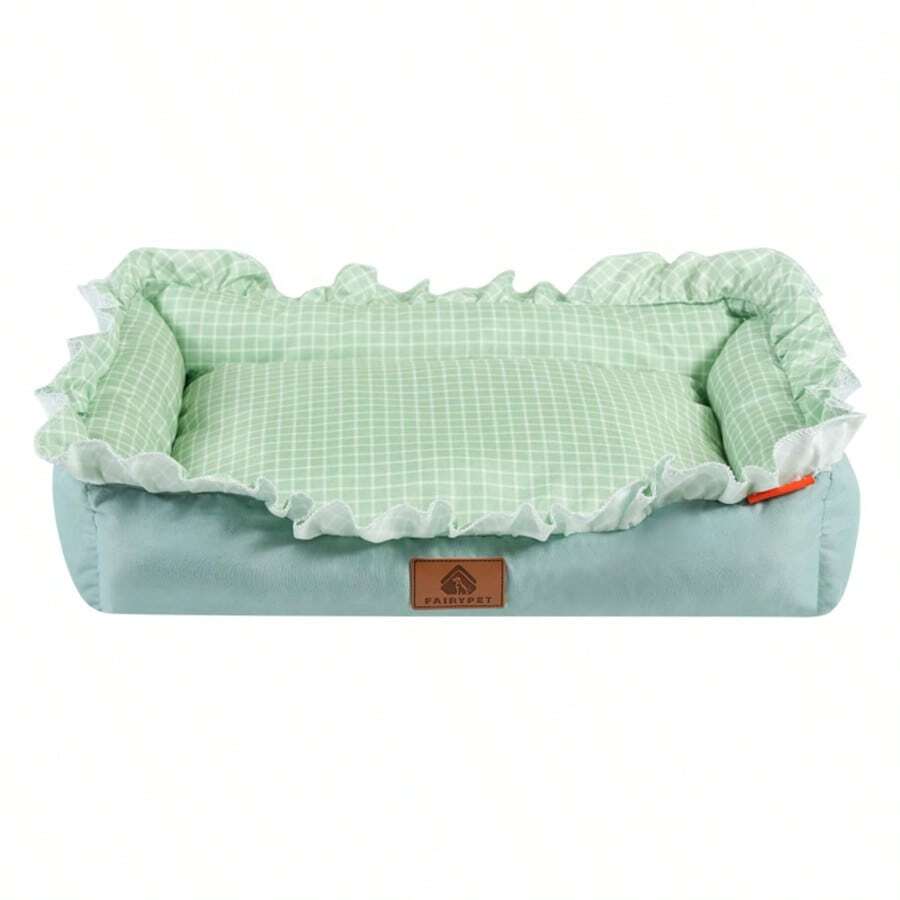 Multicolor plaid pet bed for small dogs and cats featuring a soft rolled edge design and polyester filling.