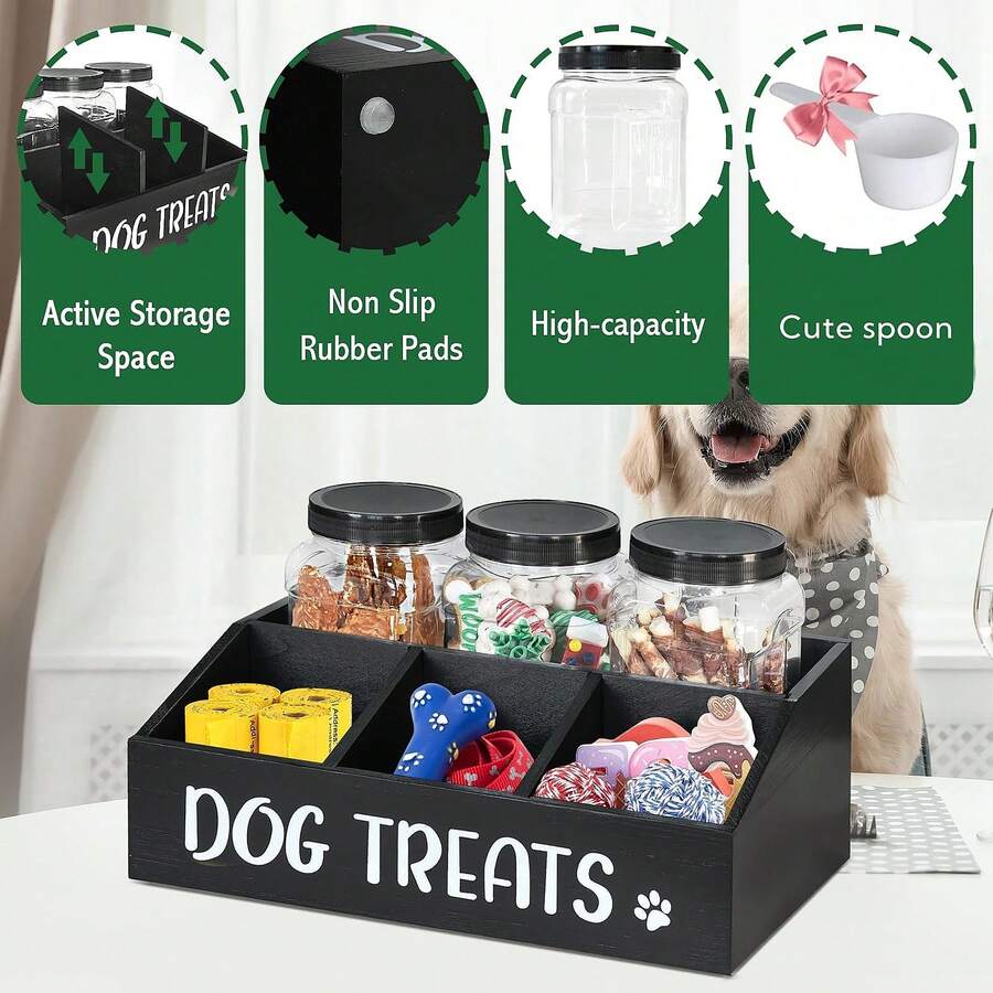 Farmhouse wooden pet food storage container rack holding three clear plastic treat jars with spiral lids and three lower storage compartments, shown with a scoop for dog and cat treat organization.