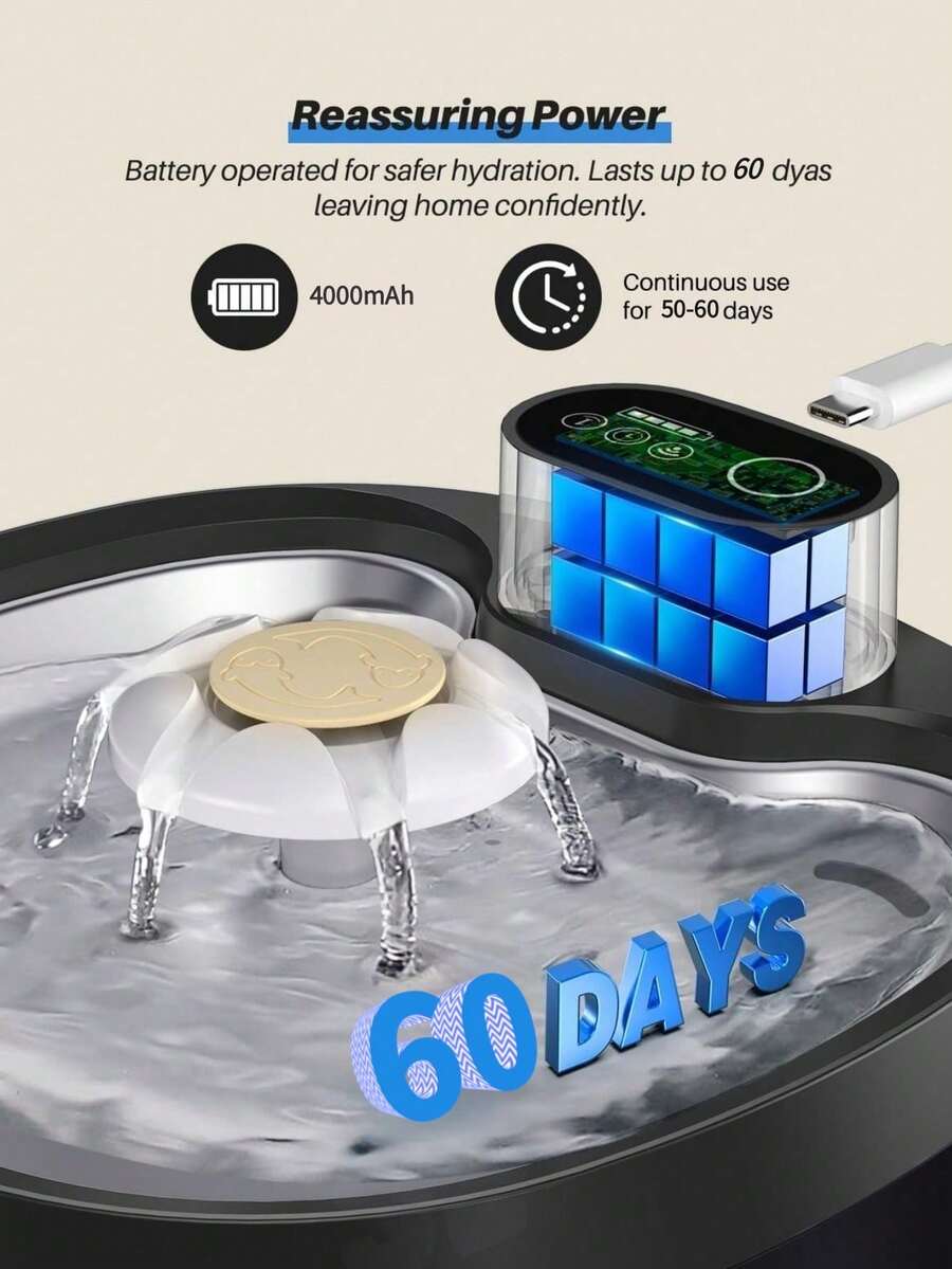 Wireless automatic cat water fountain with motion sensor dispenser, 2.6L capacity, rechargeable battery powered in multicolor ABS material.