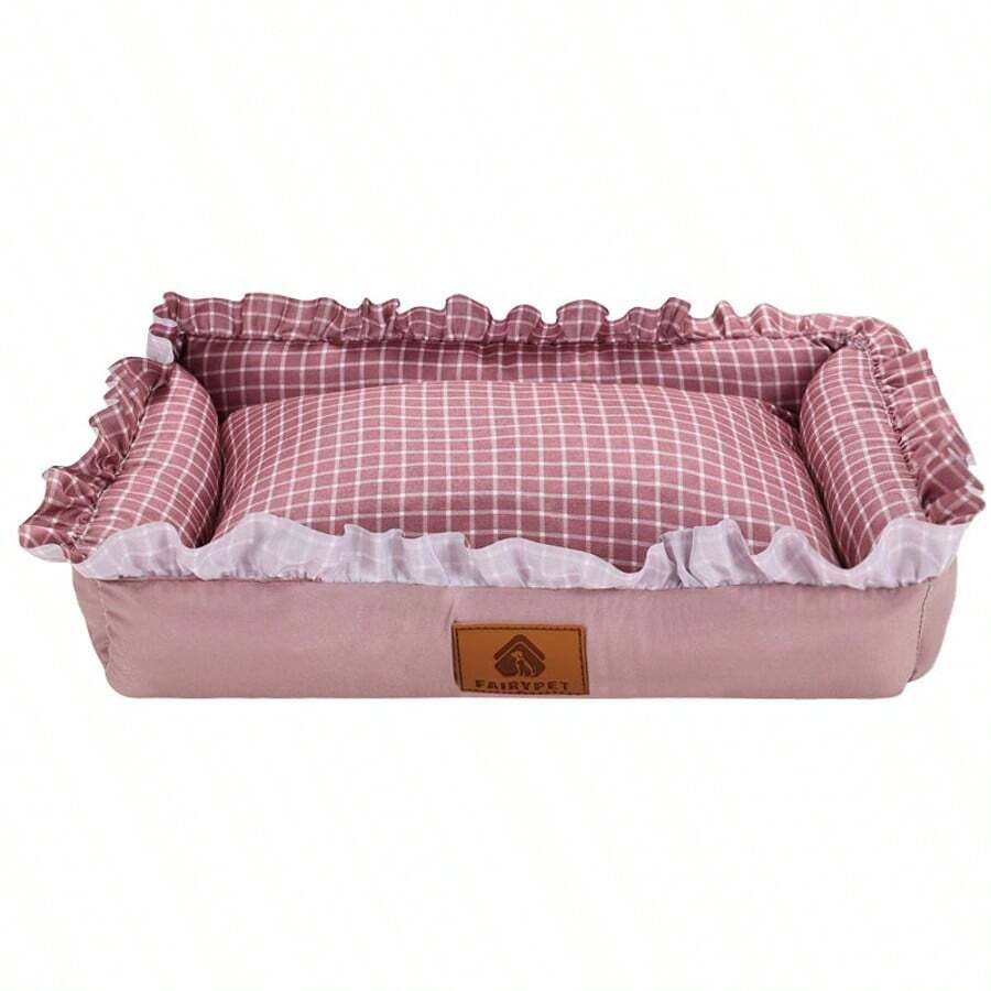 Multicolor plaid pet bed for small dogs and cats featuring a soft rolled edge design and polyester filling.