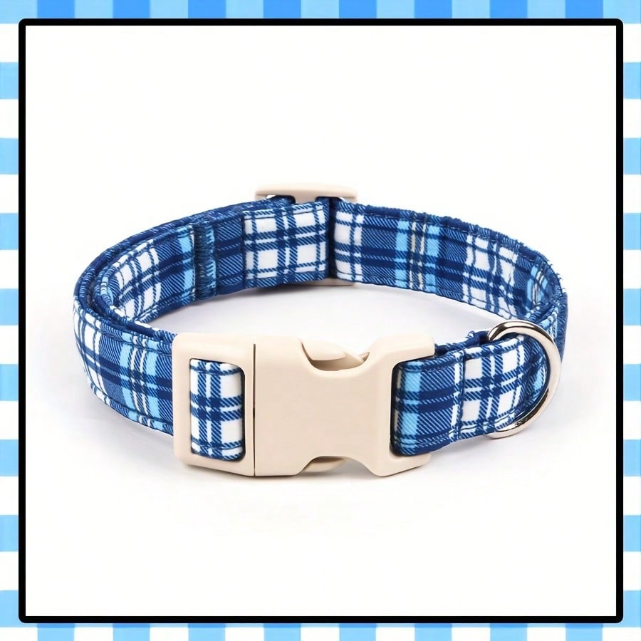 Royal blue plaid polyester dog collar with plastic buckle for small and medium dogs