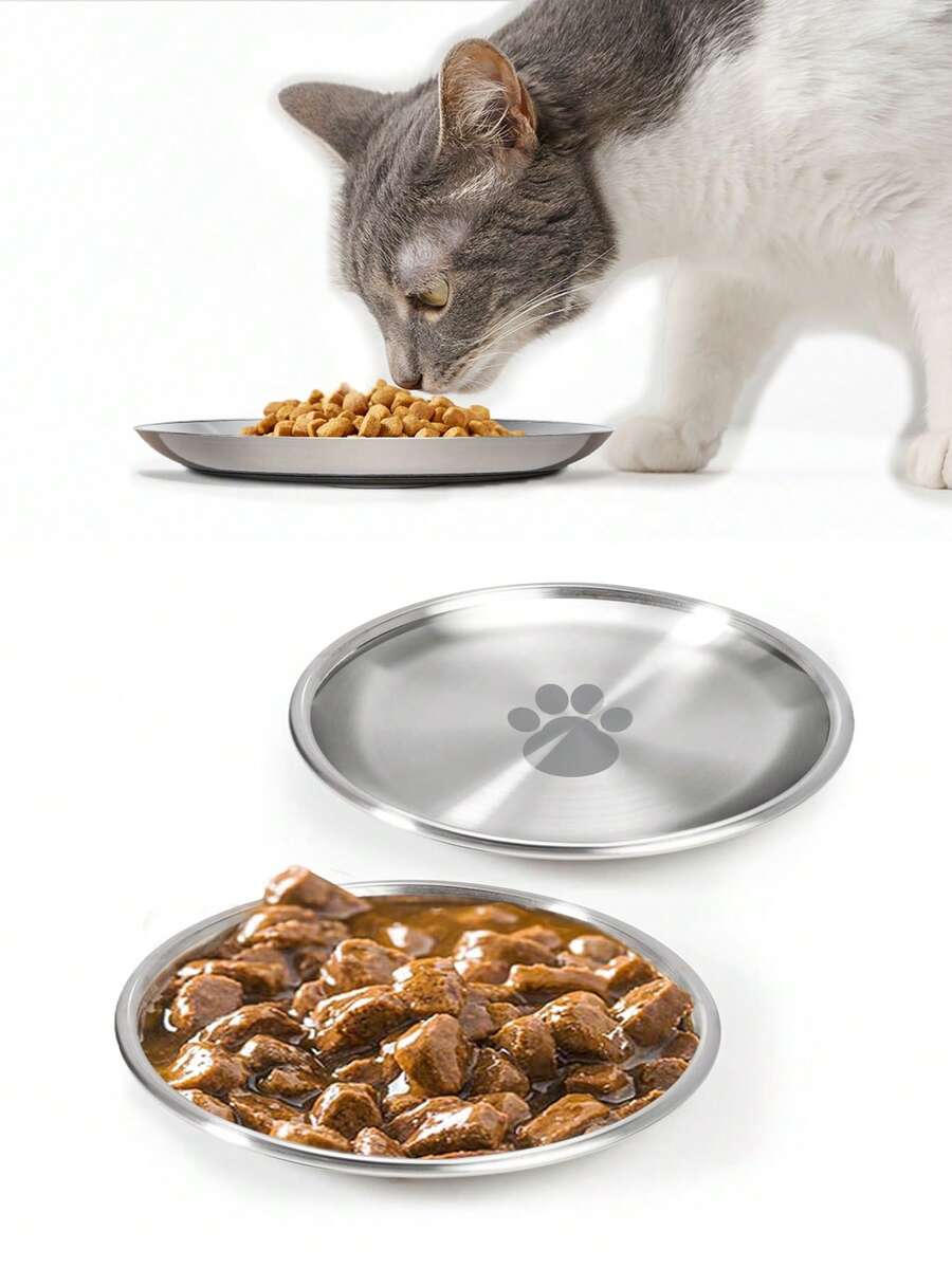 6.7 inch stainless steel cat food bowl with cute paw print design and shallow anti-whisker fatigue shape for kittens