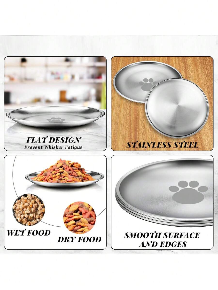 6.7 inch stainless steel cat food bowl with cute paw print design and shallow anti-whisker fatigue shape for kittens