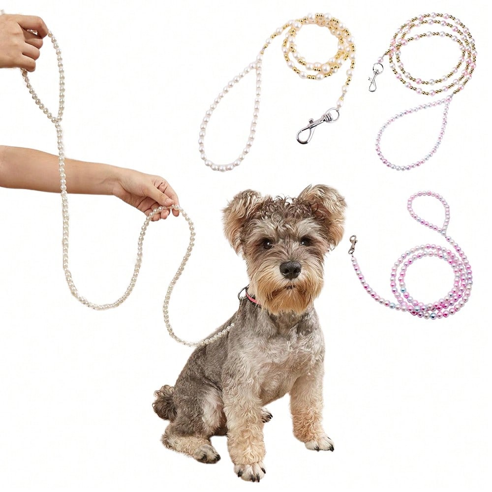 Multicolor pearl beaded pet leash for cats and dogs with a secure clasp, designed as a stylish walking and training lead.