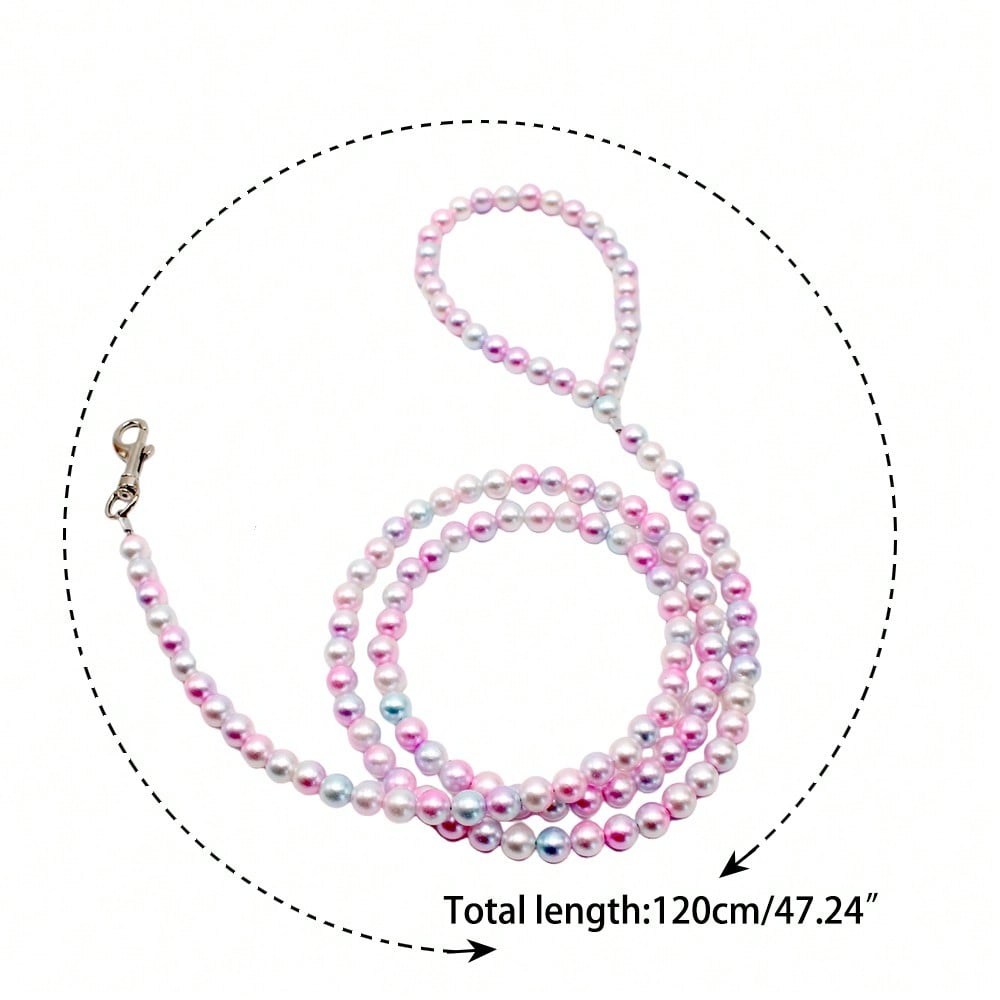 Multicolor pearl beaded pet leash for cats and dogs with a secure clasp, designed as a stylish walking and training lead.