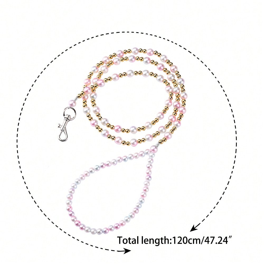 Multicolor pearl beaded pet leash for cats and dogs with a secure clasp, designed as a stylish walking and training lead.