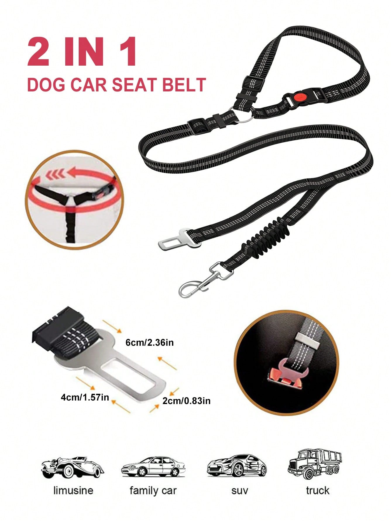 1pc Multipurpose Pet Car Seat Belt, Provides 2-In-1 Protection For Pets, Can Also Be Used As A Leash, Adjustable Length, Elastic Cord Prevents Sudden Impact, Outdoor Dog Leash