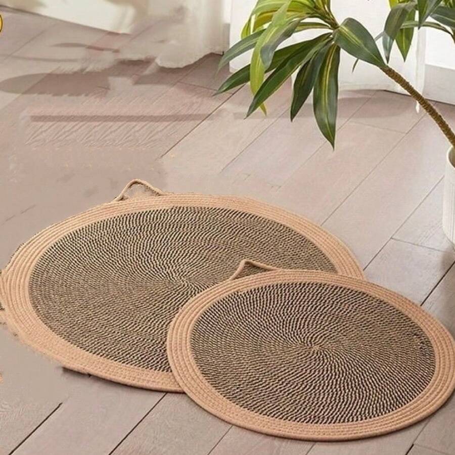 Multicolor non-shed rope woven cat scratching pad designed for pet scratching and lounging