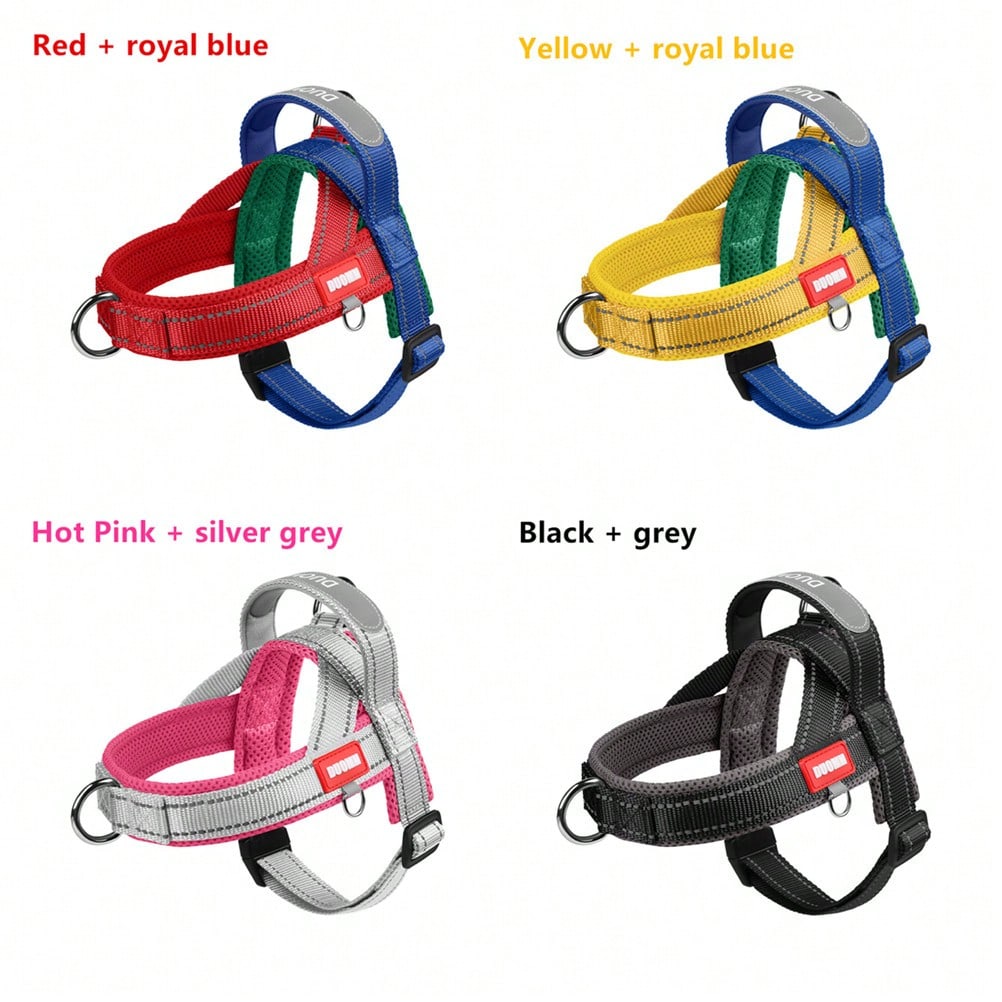 Multicolor soft padded dog harness with adjustable chest strap, reflective detail, and anti-pull vest design for small and medium dogs.