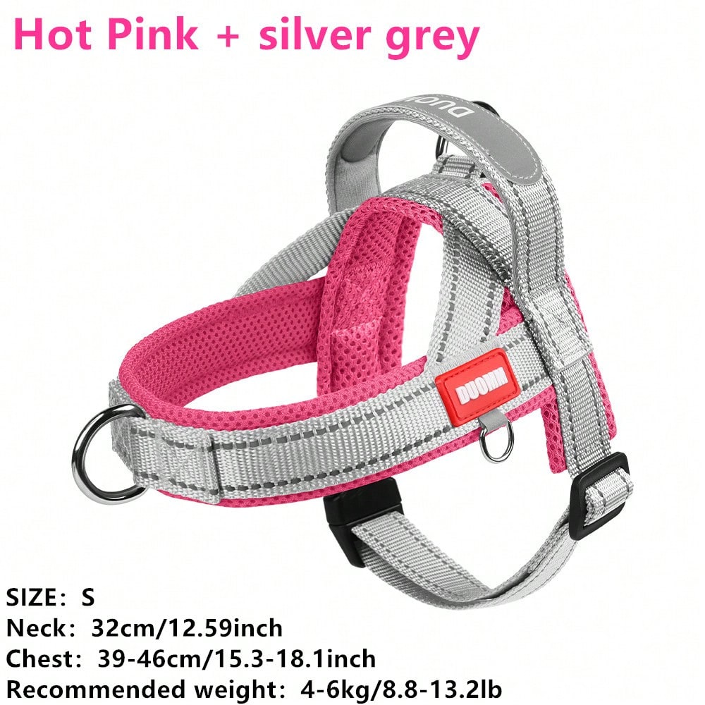 Multicolor soft padded dog harness with adjustable chest strap, reflective detail, and anti-pull vest design for small and medium dogs.