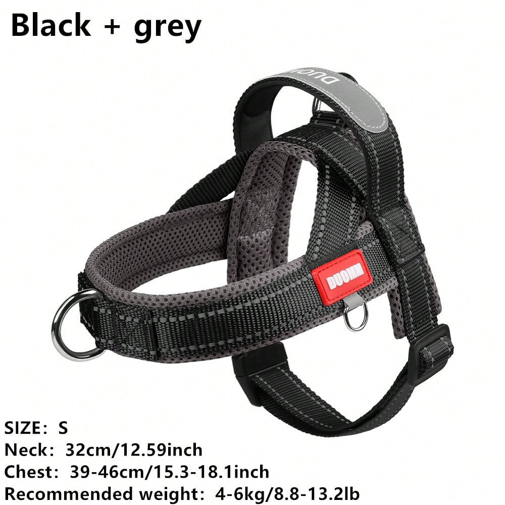 Multicolor soft padded dog harness with adjustable chest strap, reflective detail, and anti-pull vest design for small and medium dogs.