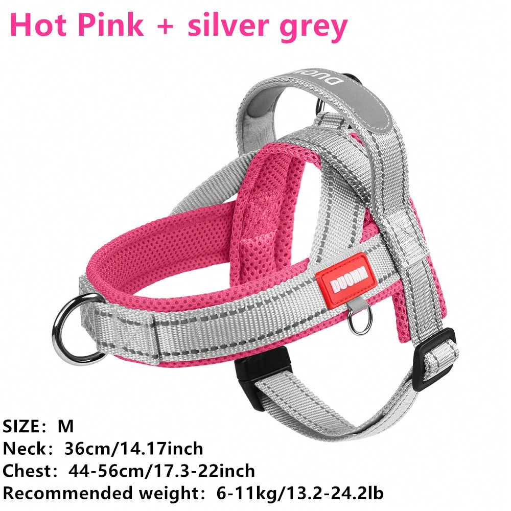 Multicolor soft padded dog harness with adjustable chest strap, reflective detail, and anti-pull vest design for small and medium dogs.