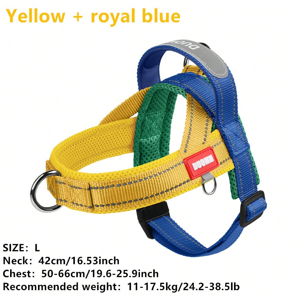 Multicolor soft padded dog harness with adjustable chest strap, reflective detail, and anti-pull vest design for small and medium dogs.