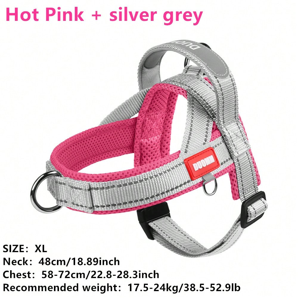 Multicolor soft padded dog harness with adjustable chest strap, reflective detail, and anti-pull vest design for small and medium dogs.