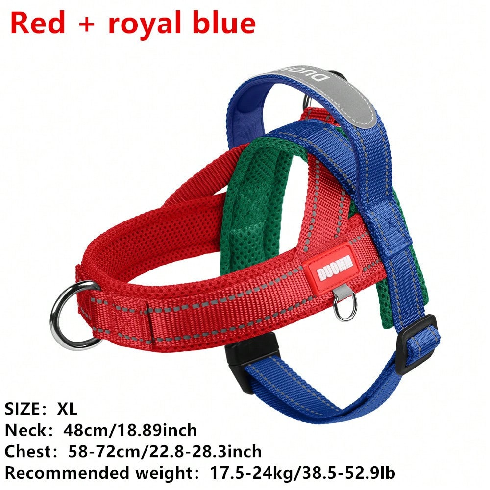 Multicolor soft padded dog harness with adjustable chest strap, reflective detail, and anti-pull vest design for small and medium dogs.