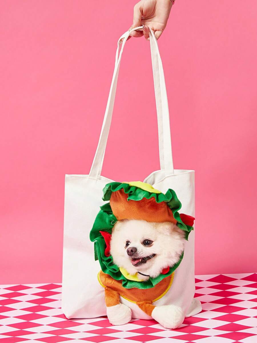 Multicolor cartoon hamburger pet carrier backpack for cats and dogs outdoor activities.