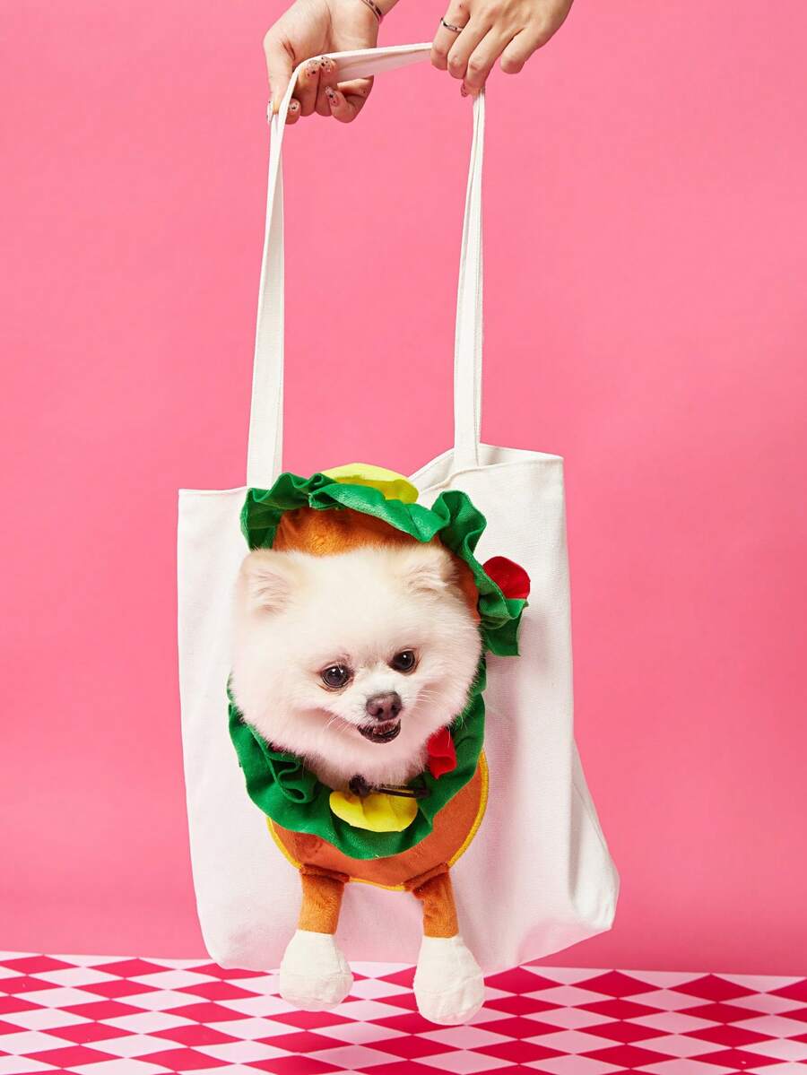 Multicolor cartoon hamburger pet carrier backpack for cats and dogs outdoor activities.